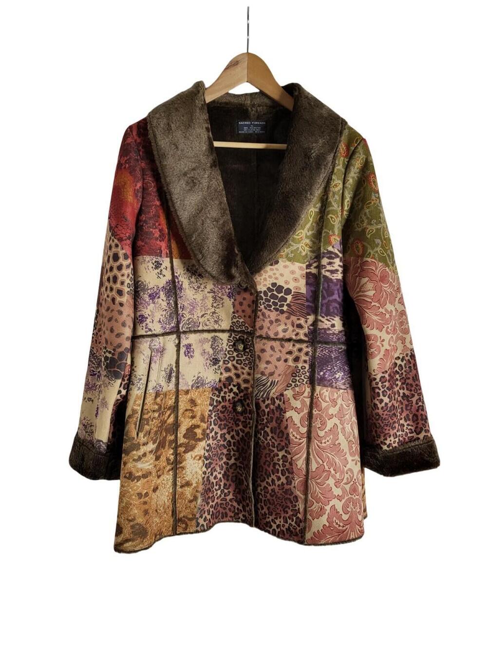 Sacred Threads Patchwork Faux Fur Trim Penny Lane Coat Boho Animal Print Size XL